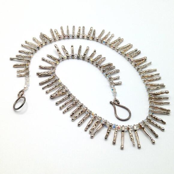 Artisan Crystal Bead Necklace with Silver Tube Beads on Wire, Handmade, 18 Inch - Picture 9 of 10